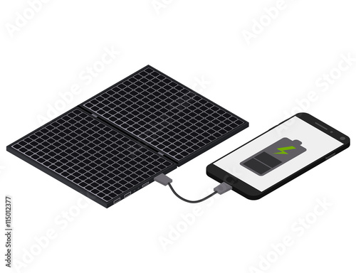 Black Solar panel. Flat isometric. The phone is charging