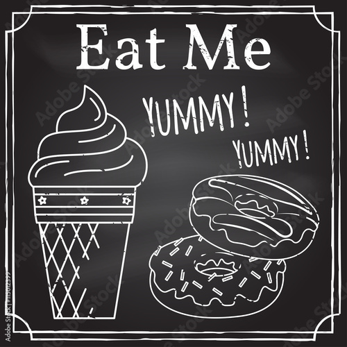 Eat me. Elements on the theme of the restaurant business. Ice cream and donuts. Vector illustration.