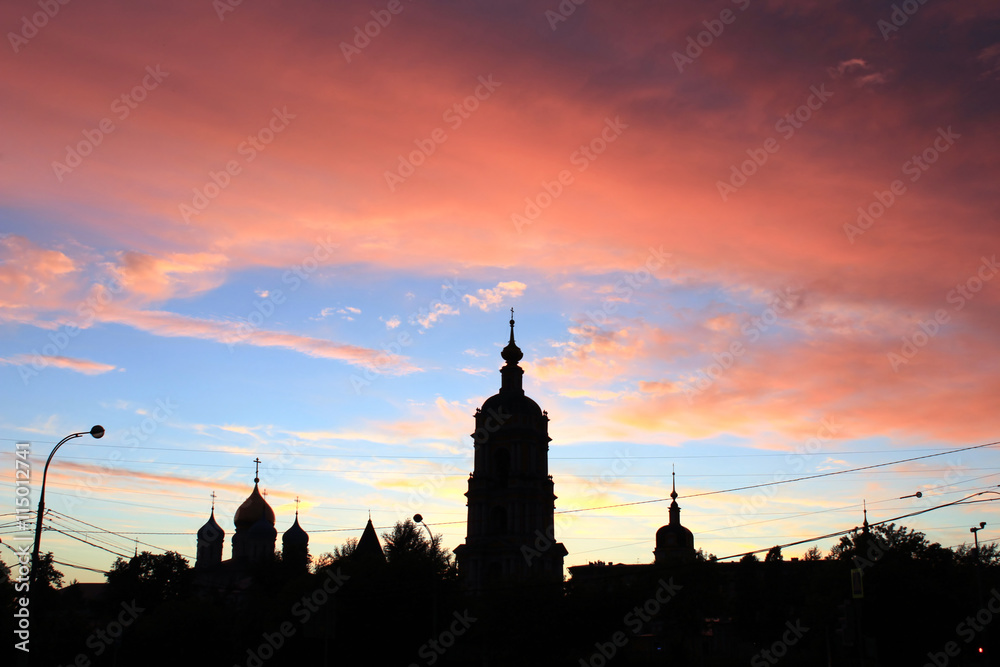 Skyline at sunset in the centre of Moscow, Russia