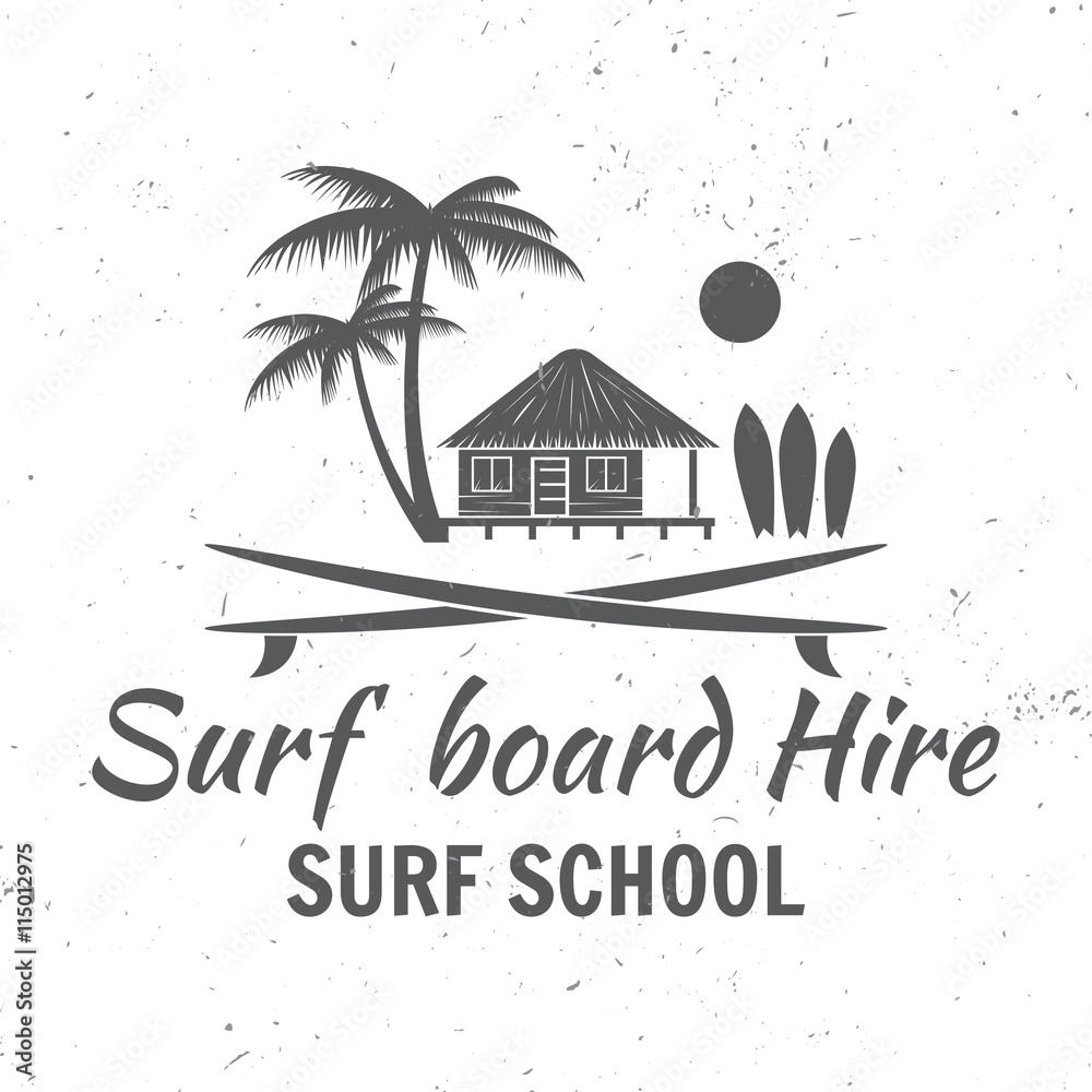 Naklejka premium Surf board hire concept. Vector Summer surfing retro badge. Surfing concept for shirt or logo, print, stamp. Surf icon design. - stock vector.