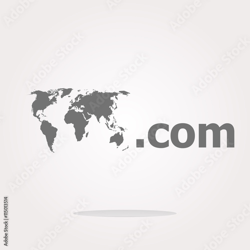 Domain COM sign icon. Top-level internet domain symbol with world map . Vector illustration. Vector Icon