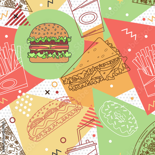 Fast food seamless pattern. Trendy geometric elements memphis cards. Texture, pattern and geometric elements. Elements on the theme of the restaurant business. Vector illustration.