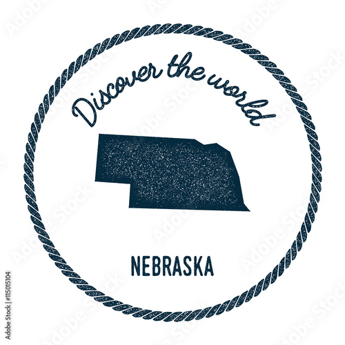 Nebraska map in vintage discover the world rubber stamp. Hipster style nautical postage stamp, with round rope border. Vector illustration.
