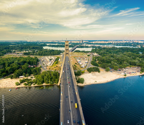 Aerial view of highway and Moscow bridge across the Dnieper.
