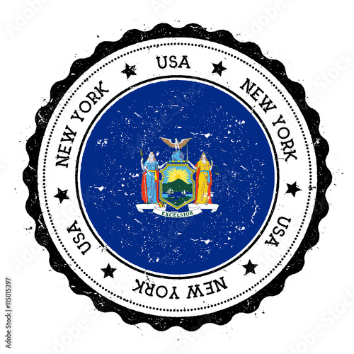 New York flag badge. Grunge rubber stamp with New York flag. Vintage travel stamp with circular text, stars and USA state flag inside it. Vector illustration.