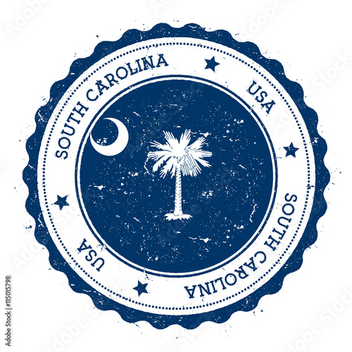 South Carolina flag badge. Grunge rubber stamp with South Carolina flag. Vintage travel stamp with circular text, stars and USA state flag inside it. Vector illustration.
