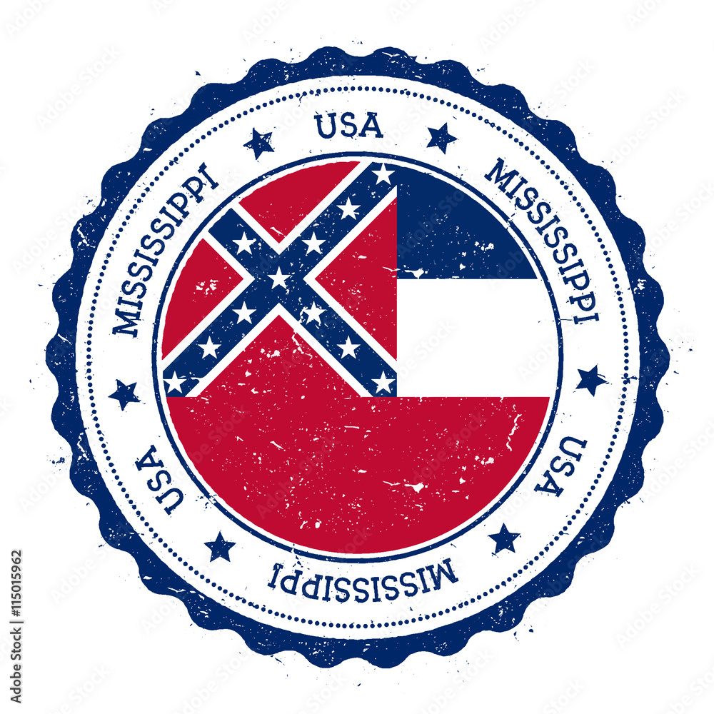 Mississippi flag badge. Grunge rubber stamp with Mississippi flag. Vintage travel stamp with circular text, stars and USA state flag inside it. Vector illustration. Mississippi flag badge. Grunge rubber stamp with Mississippi flag. Vintage travel stamp with circular text, stars and USA state flag inside it. Vector illustration.