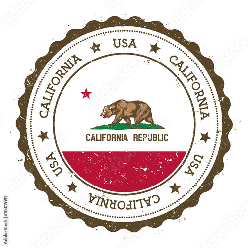 California flag badge. Grunge rubber stamp with California flag. Vintage travel stamp with circular text, stars and USA state flag inside it. Vector illustration.