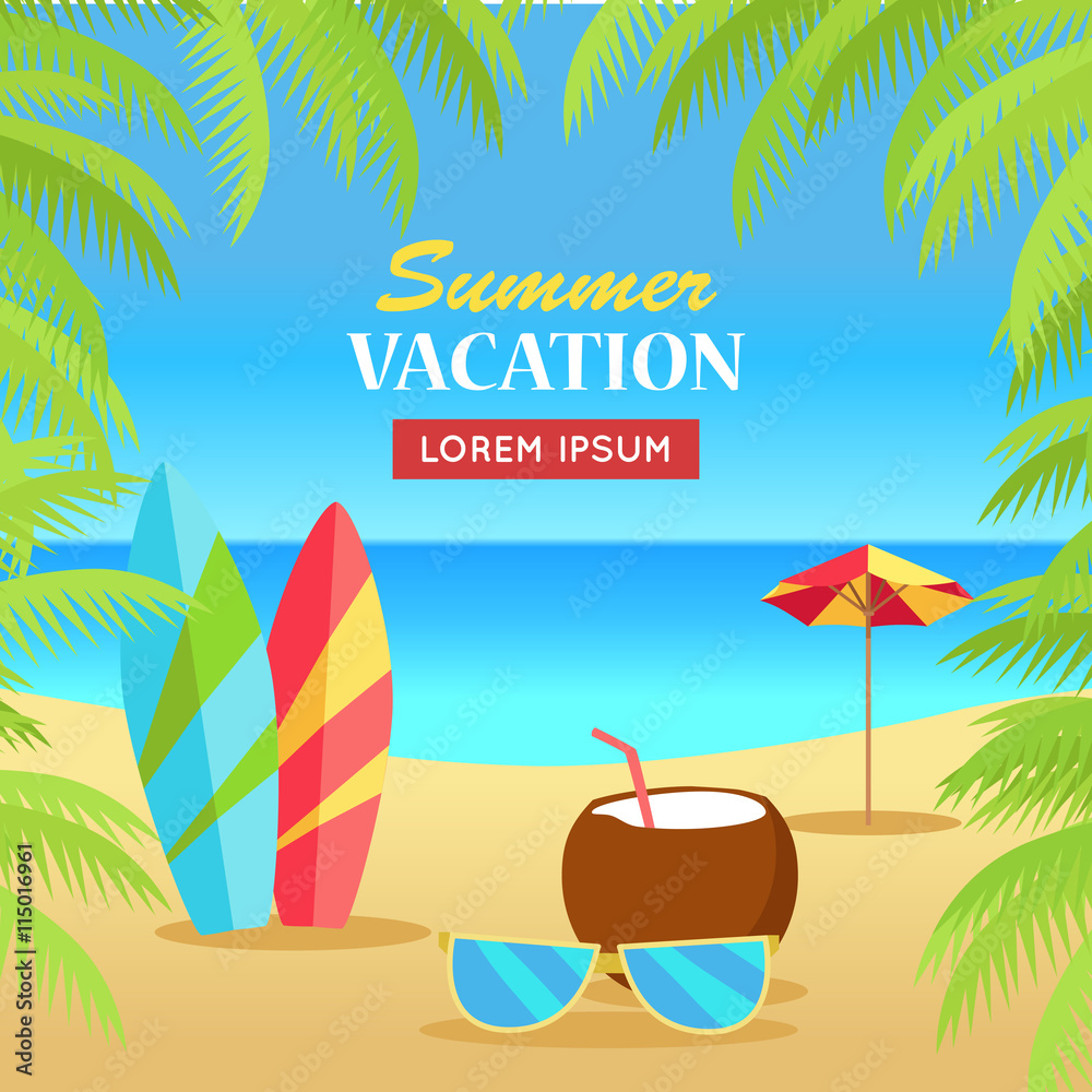 Summer Vacation on Tropical Beach Illustration