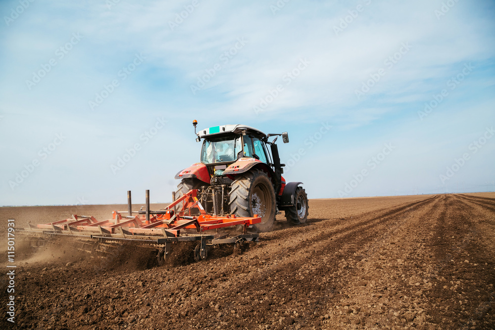 Fototapeta premium Farmer in tractor preparing land with seedbed cultivator
