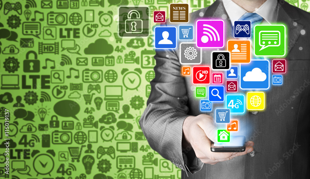 Business man using smart phone with social media icon set Business man using smart phone with social media icon set