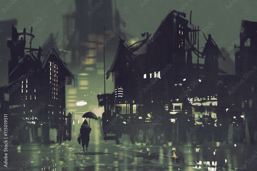 Obraz premium man with umbrella walking in dark city at night,illustration painting