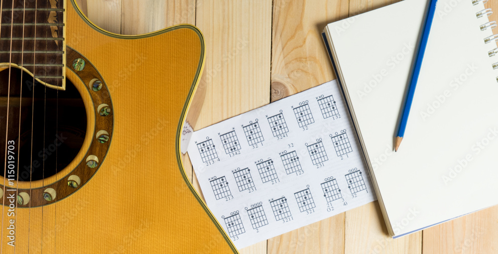 Fotografie Guitar with Blank notebook for song writing.