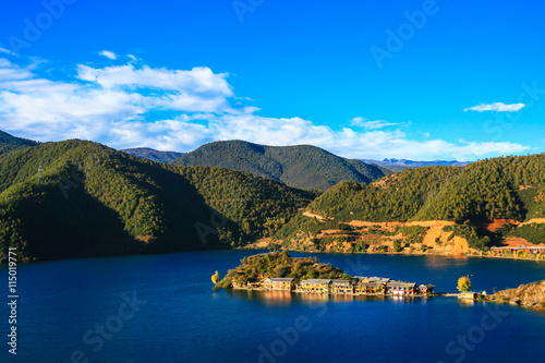 Aerial view of the Lugu lake in the morning photo