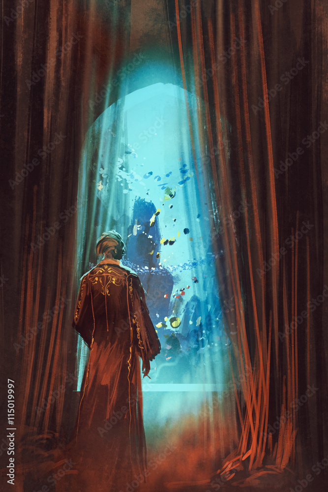 Obraz premium man in red gown looking at underwater world through window,illustration painting