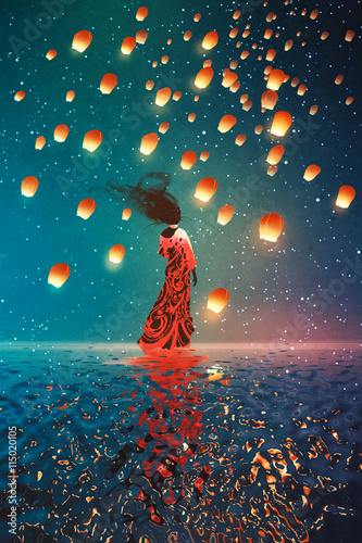 kobieta w sukni stojącej na wodzie przed latarniami unoszącymi się na nocnym niebie, malowanie ilustracji