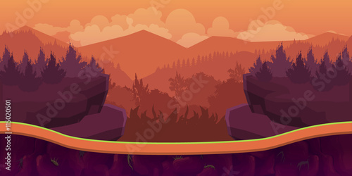 Seamless fantasy landscape, vector game background with separated layers for parallax effect