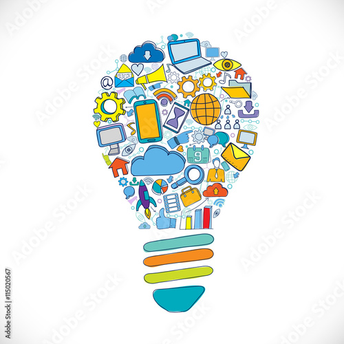 Light bulb with communication and business icons idea creative concept, doodle hand drawing style. Vector Illustration