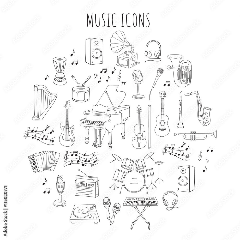 Fototapeta premium Music icon set vector illustrations hand drawn doodle. Musical instruments and symbols piano, guitar, synthesizer, drum set, gramophone, microphone, violin, trumpet, accordion, saxophone, headphones.