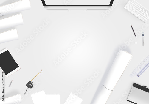 Creative designer desk with blank paper whatman mockup. Showing design presentation on artist workplace mock up. Developer table surface with creativity equipment. Business space workshop draft desk.
