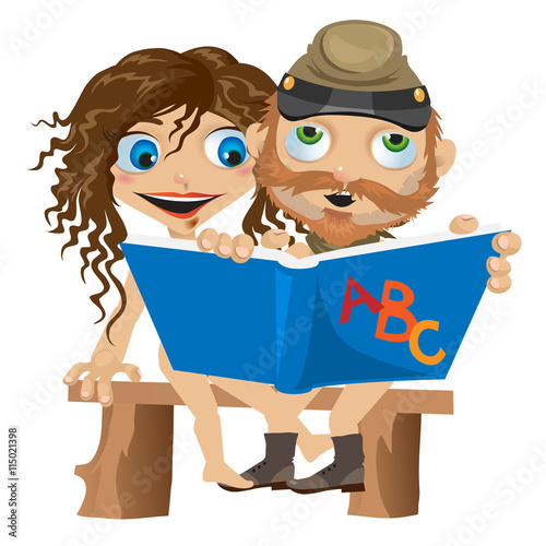 Naked man and woman reading book. Funny card