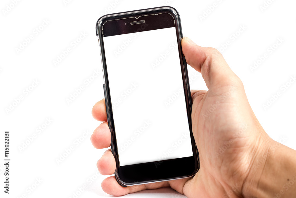 Hand holding smart phone isolated on white background Hand holding smart phone isolated on white background