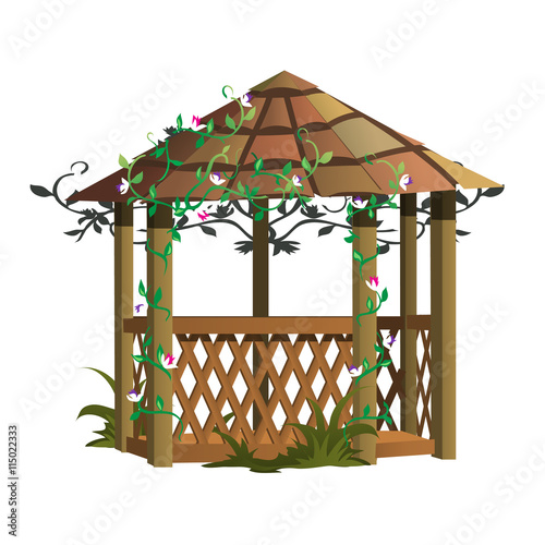 Tableau sur toile Cozy wooden gazebo with flowers, landscape decor