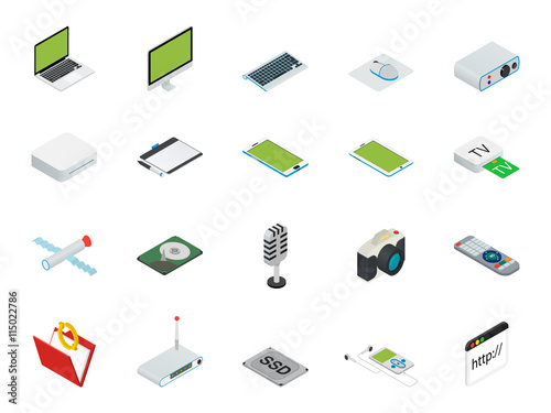 Isometric home and office computer equipment with desktop, laptop, tablets  phone etc.