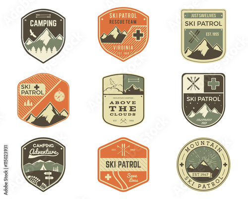 Set of Retro style Ski Club, Patrol Labels. Classic Mountain elements. Winter or summer camping explorer badges. Outdoor adventure logo design. Travel hipster insignia. Adventure patches. Vector.