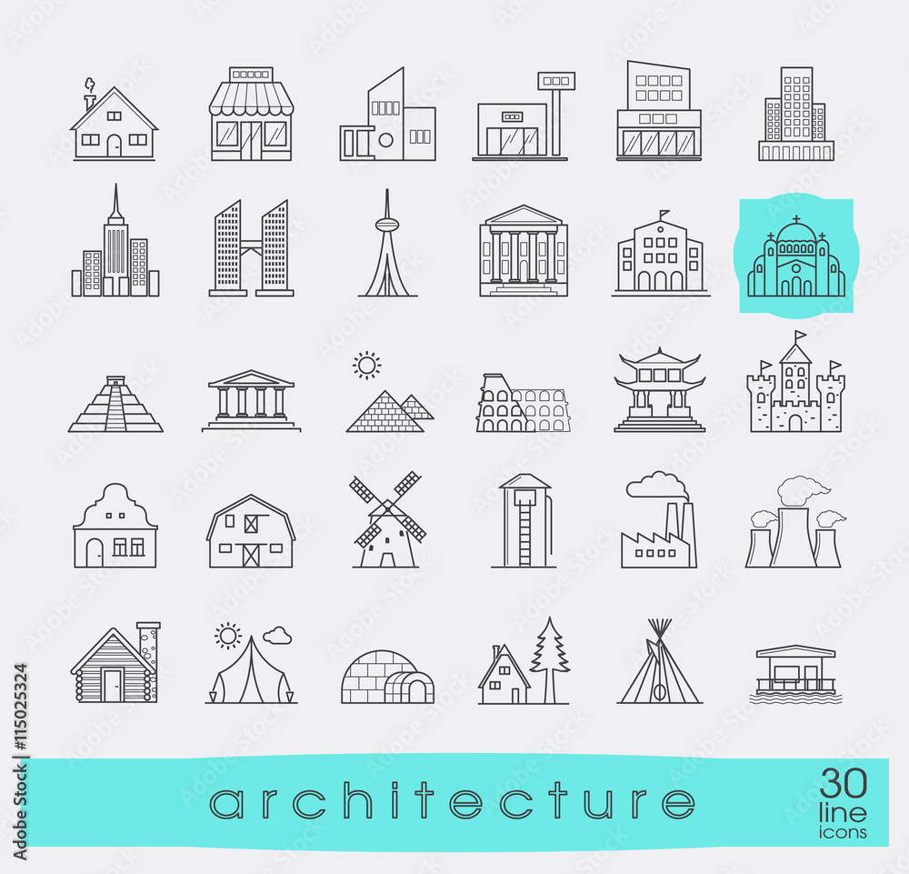 Buildings and architecture icons set. Various styles and building purposes. Buildings for living and work, monumental buildings. Collection of line building and landmark icons.