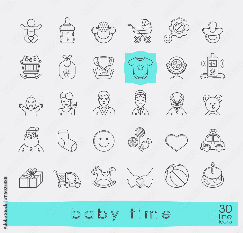 Set of line icons for baby care, feeding and play. First year of parenting. Collection of baby time icons. Accessories for newborn in the family. Love, care, family life.