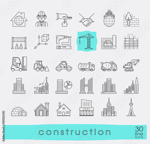 Set of construction icons. Collection of line vector icons presenting various stages of building process. Civil engineering. Work on construction site.