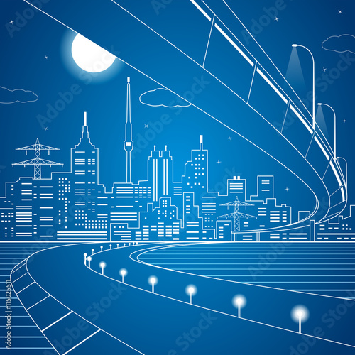 Vector lines bridge and transportation overpass, energy city, infrastructure design