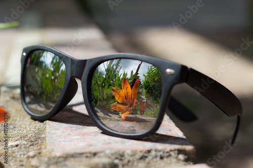 the flower reflected in dark glasses