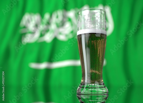 a glass of beer in front a Saudi Arabia flag. 3D illustration rendering.