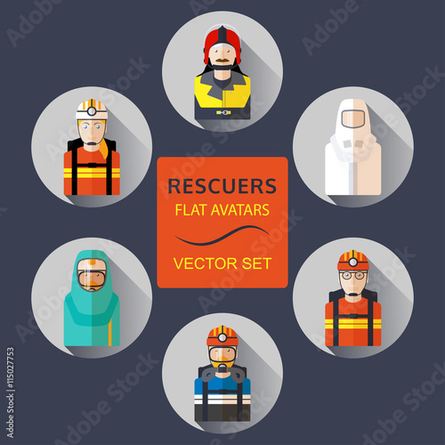 Rescuers flat avatars vector set.
