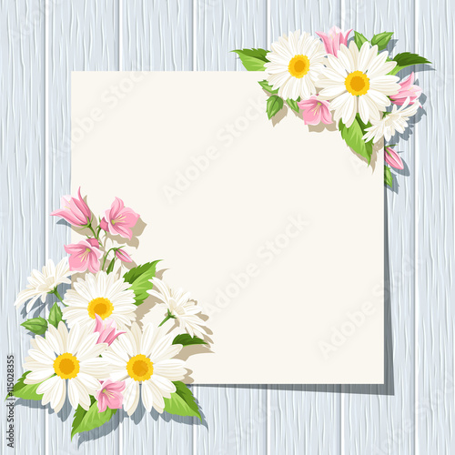 Vector card with daisies and pink bluebell flowers on a blue wooden background.
