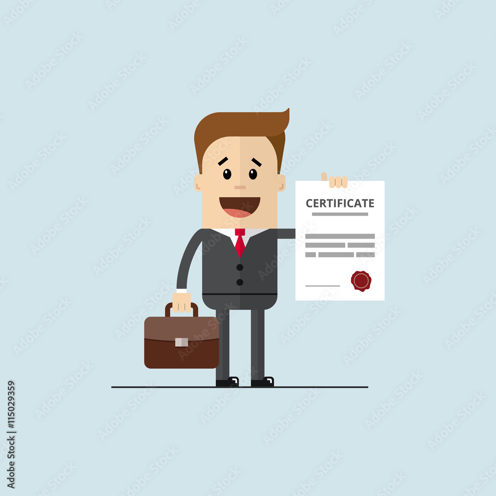 happy businessman or student with a certificate of completion training. Vector image high quality in flat style happy businessman or student with a certificate of completion training. Vector image high quality in flat style