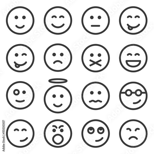 Set of outline emoticons, emoji isolated on white background, vector illustration