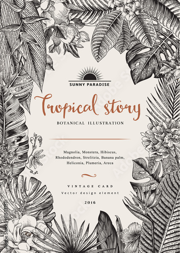 Vector vintage card. Botanical illustration. Tropical flowers and leaves. Black and white