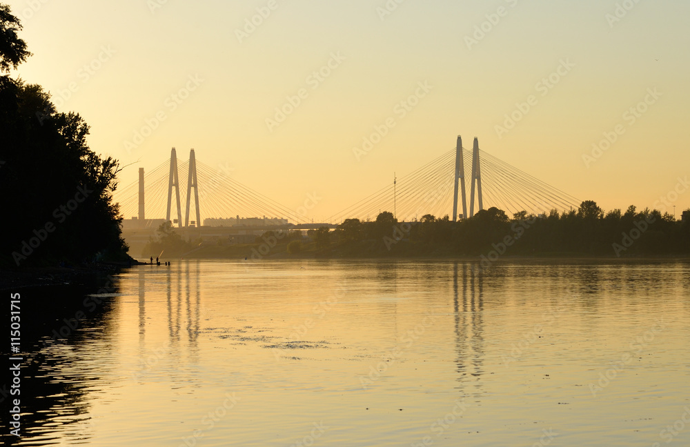 Obraz premium Cable stayed bridge and Neva river.