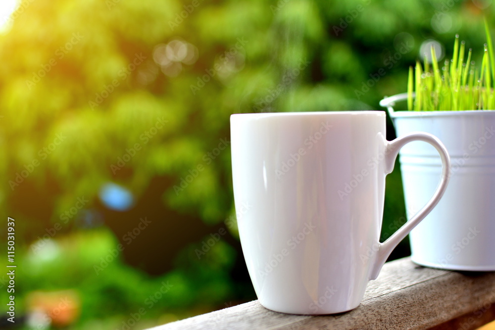 cups of coffee or tea on nature background and sunlight cups of coffee or tea on nature background and sunlight