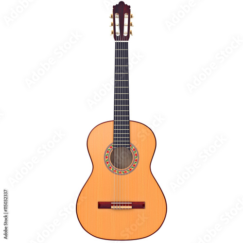 Classical guitar acoustic with nylon strings, front view. 3D graphic
