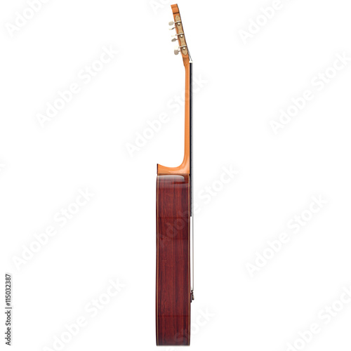 Brown wooden acoustic guitar, side view. 3D graphic