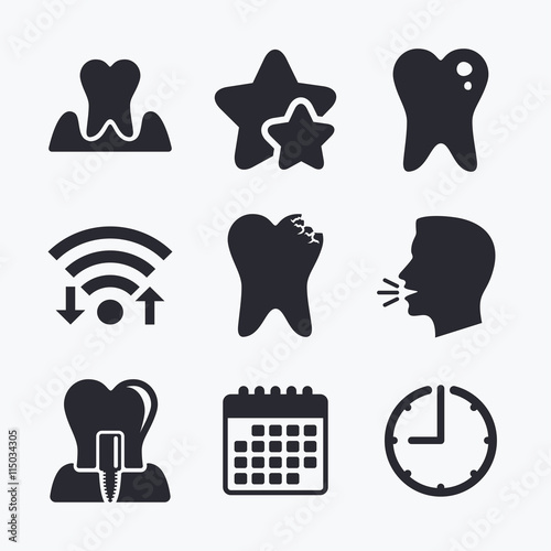 Dental care icons. Caries tooth and implant.