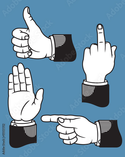 Set of four hand gestures based on classic printer’s pointers including pointing, stop or wave, middle finger, and thumbs up.