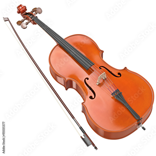 Photo Classic cello with bow and metal strings. 3D graphic