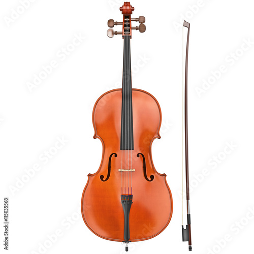 Cello classical wood with bow, front view. 3D graphic