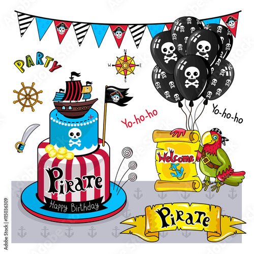 Pirate party elements for birthday, steering wheel, flags, sword and other pirate symbols.