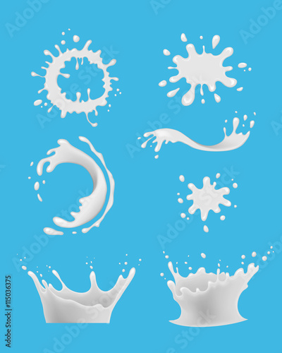 Set of milk splash screens. Milk stains. Dairy spots. Splashes and drops of milk. Vector illustration.